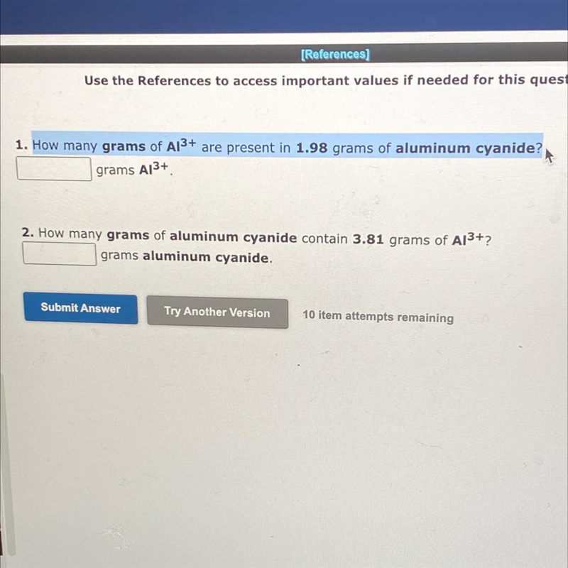 How many grams of Al3+ are present in 1.98 grams of aluminum cyanide?-example-1