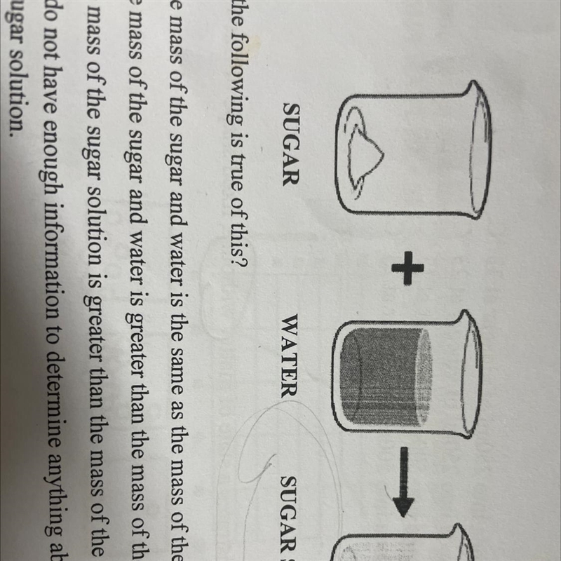 The diagram below represents the creation of a sugar solution by adding sugar to water-example-1