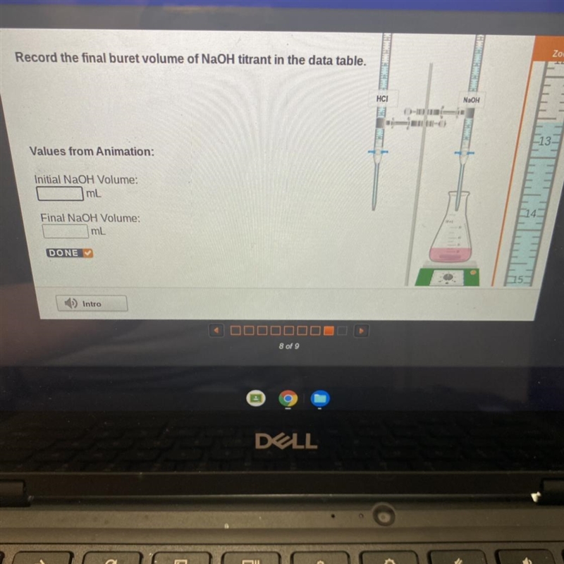 Record the final buret volume of NaOH titrant in the data table. Values from Animation-example-1