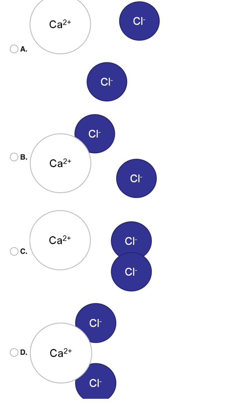 Which of the following images correctly shows calcium chloride when it is dissolved-example-1