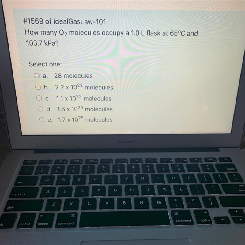 Please help!! How many O2 molecules occupy a 1.0 L flask at 65°C and 103.7 kPa? Select-example-1