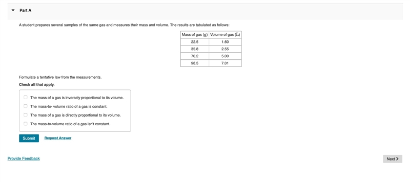 A student prepares several samples of the same gas and measures their mass and volume-example-1