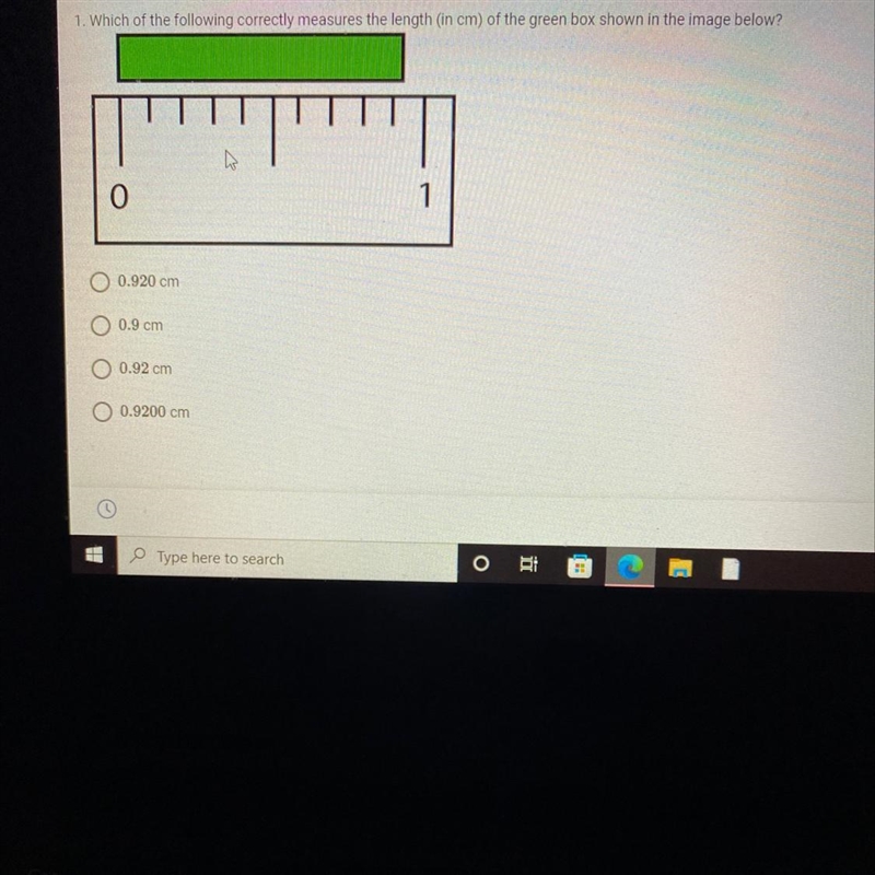 Which of the following correctly measures the length (in CM)of the green box shown-example-1