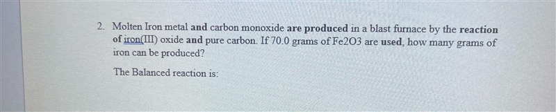 2. Molten Iron metal and carbon monoxide are produced in a blast furnace by the reactionof-example-1