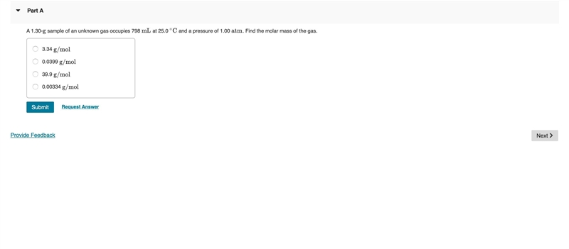 A 1.30-gg sample of an unknown gas occupies 798 mLmL at 25.0 ∘C∘C and a pressure of-example-1