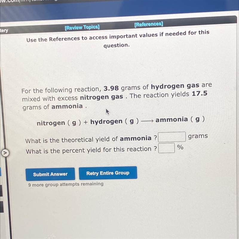 For the following reaction, 3.98 grams of hydrogen gas are mixed with excess nitrogen-example-1