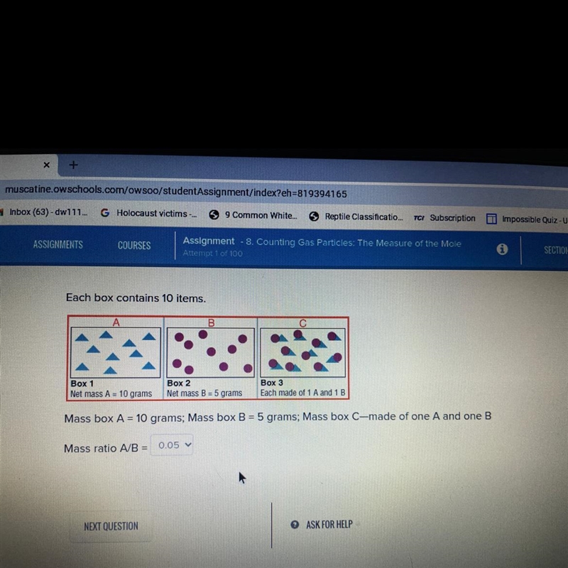 Mass box a=10 grams mass box b=5 grams; mass box c- made of one A and one BMass ratio-example-1