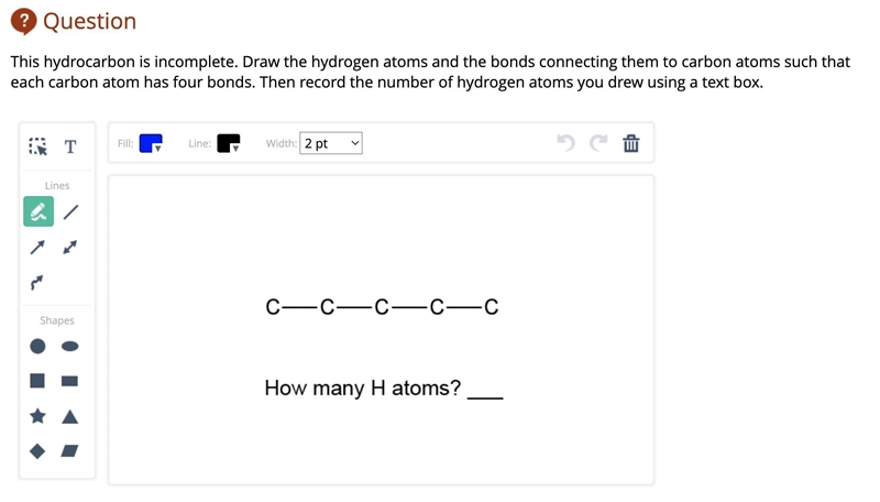 This hydrocarbon is incomplete. Draw the hydrogen atoms and the bonds connecting them-example-1