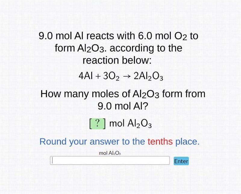 9.0 mol Al reacts with 6.0 mol O2 to form Al2O3 according to the reaction below. how-example-1