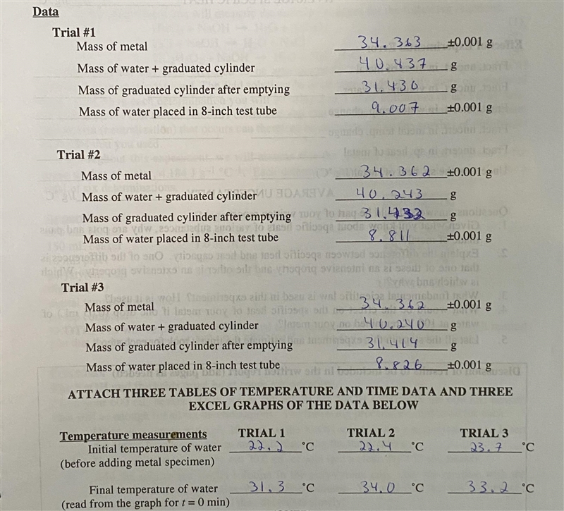 Given the data, find the: a) Temp. change of metal (±0.1 °C) b) Heat absorbed by water-example-1