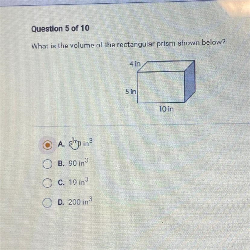 What is the volume of the rectangular prism shown below? A. 250 in 3 B. 90 in 3 C-example-1