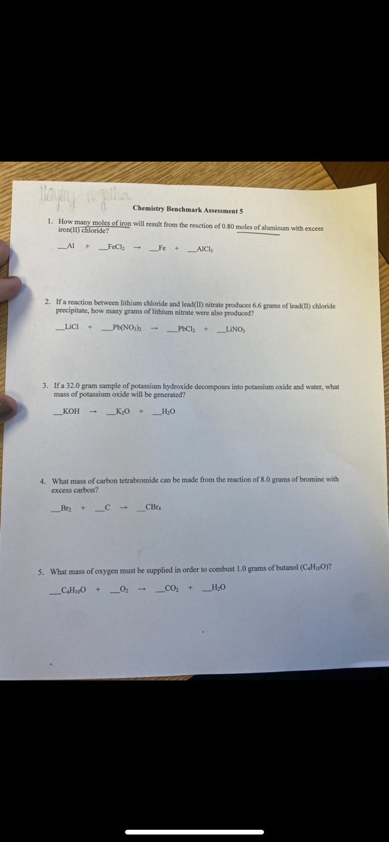 I need help with question two. Balancing and solving for it.-example-1