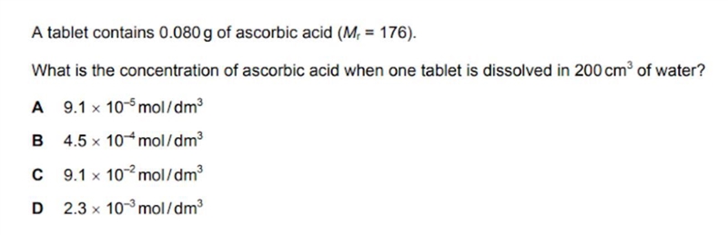 What is the connection of ascorbic acid when one tablet is dissolved in 200cm cubed-example-1