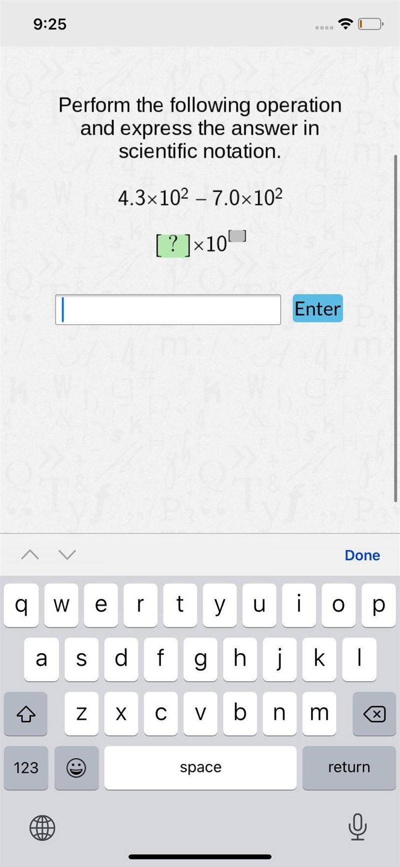 Perform the following operationand express the answer inscientific notation.4.3x10² - 7.0×10² = [?]×10-example-1