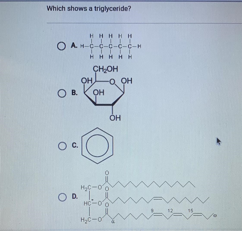 Which shows a triglyceride?-example-1