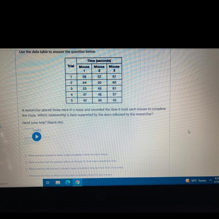 A researcher place three mice and amaze and recorded the time it took each mouse to-example-1