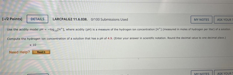 Comoute the hydrogen ion concentration of a solution that has a pH of 4.9. (Enter-example-1