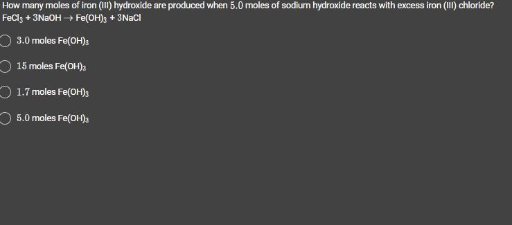 How many moles of iron (III) hydroxide are produced when 5.0 moles of sodium hydroxide-example-1