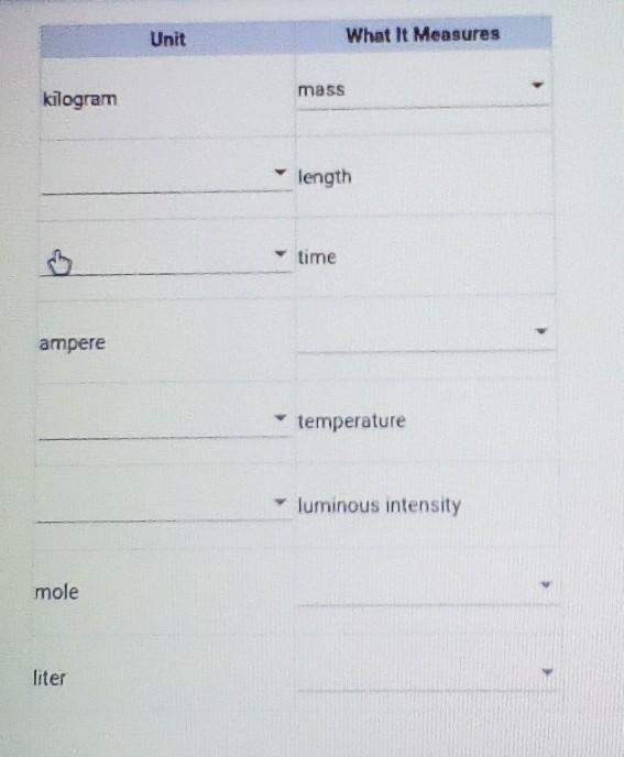 Answer options: electric current mass candela second Kelvin amount of a substance-example-1