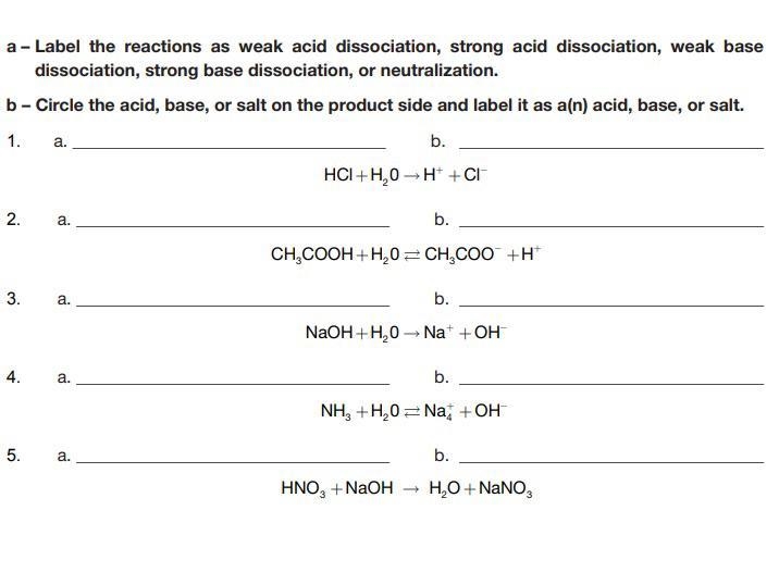 A- Label the reactions as weak acid dissociation , strong acid, weak base, strong-example-1