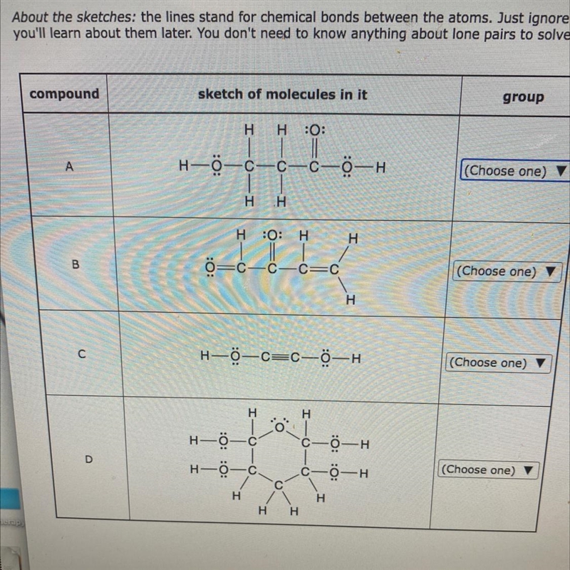 Sort the molecular compounds in the table into groups with the same empirical chemical-example-1