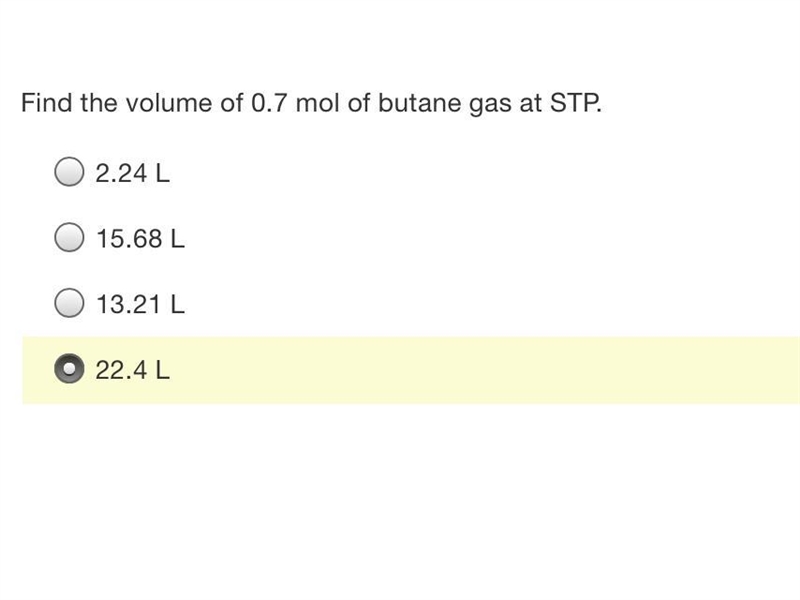 Find the volume of 0.7 mol of butane gas at STP.-example-1