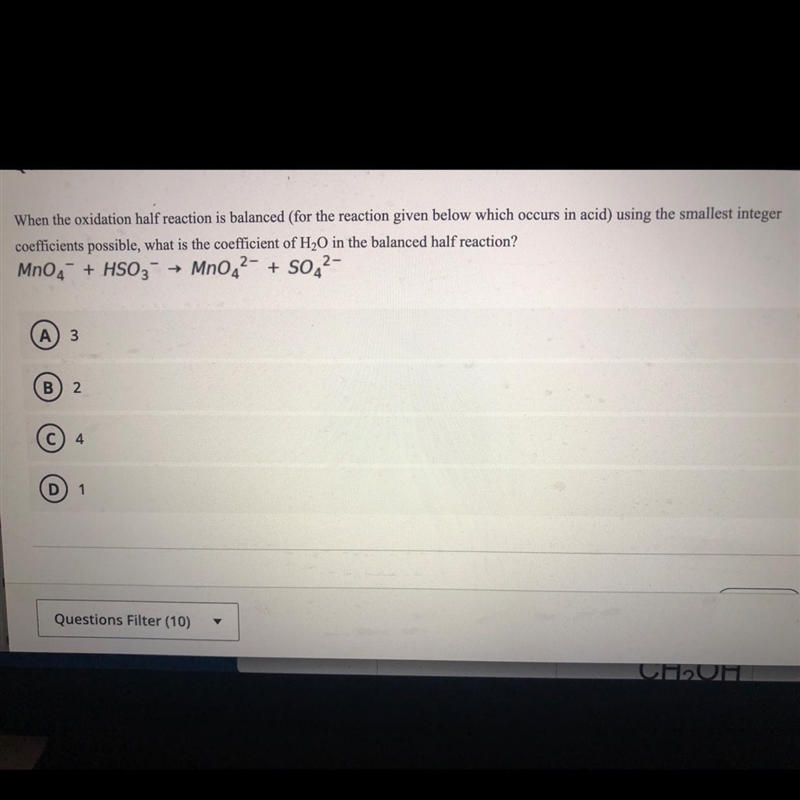 What is the coefficient of H2O in the balanced half reaction?-example-1