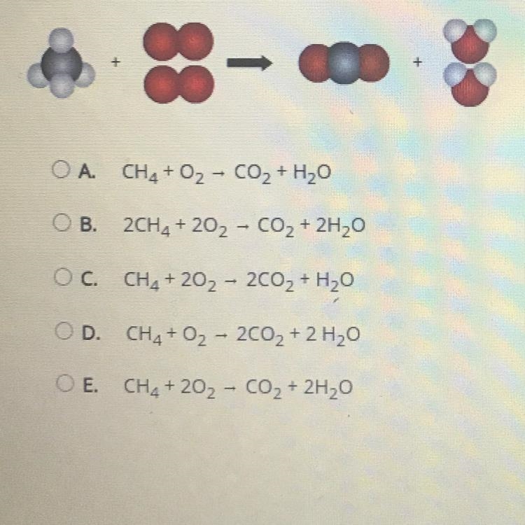 Select the correct answer.The image shows the combustion of methane. Which equation-example-1