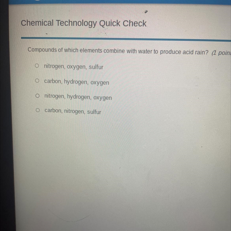 Compounds of which elements combine with water to produce acid rain? (1 poinO nitrogen-example-1