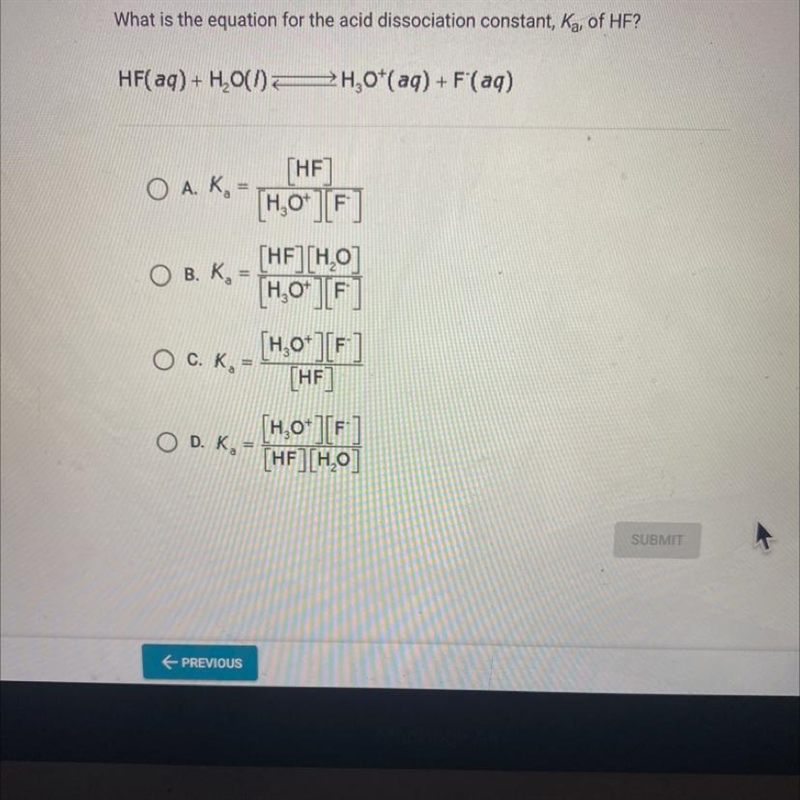 What is the equation for the acid dissociation constant, K₂, of HF?HF(aq) + H₂O(1) H-example-1