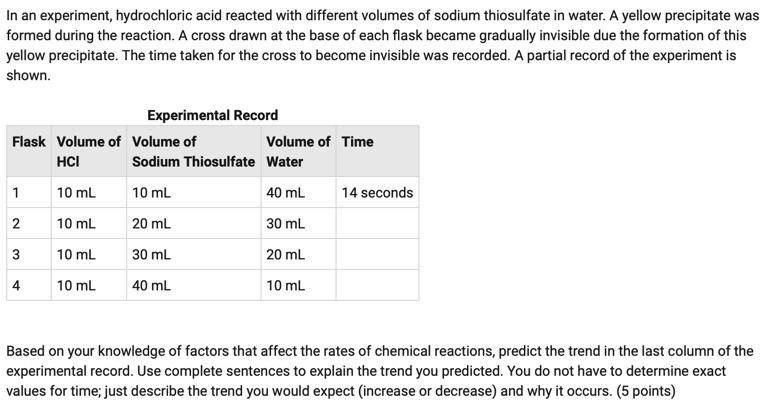 In an experiment, hydrochloric acid reacted with different volumes of sodium thiosulfate-example-1