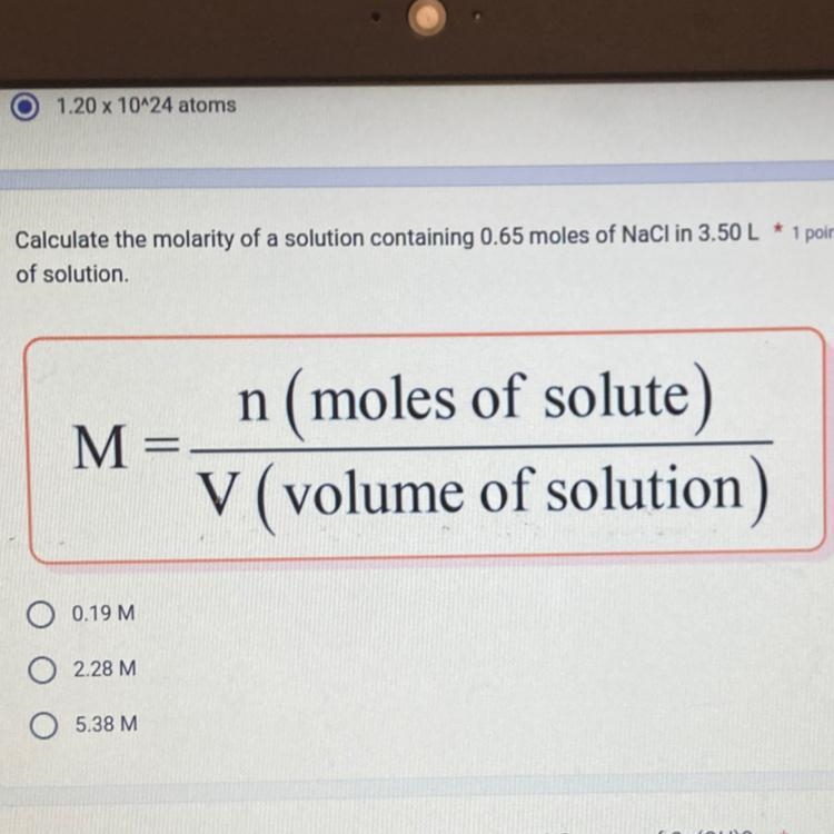 Calculate the molarity of a solution containing 0.65 moles of NaCI in 3.50 L of solution-example-1