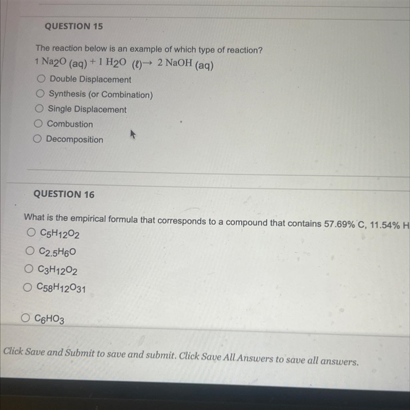 QUESTION 15The reaction below is an example of which type of reaction?1 Na20 (aq) + 1 H-example-1