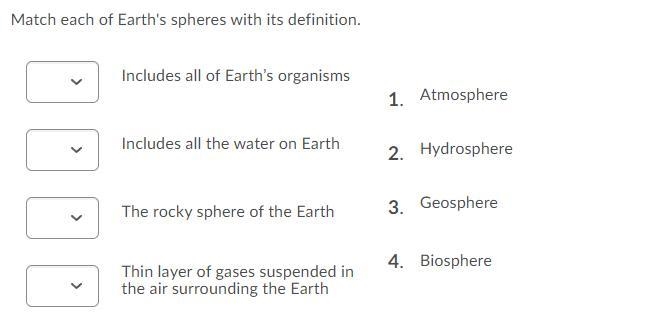 Match each of Earth's spheres with its definition.-example-1