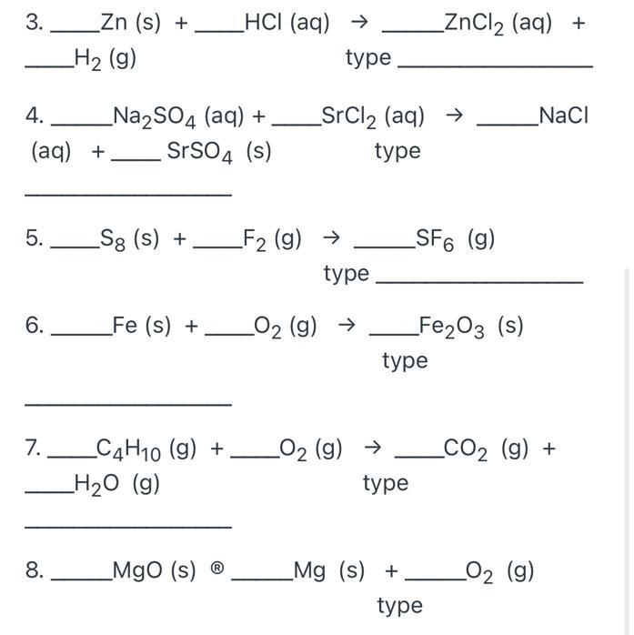 Balance the equations and identify the type of reaction occurring.-example-1