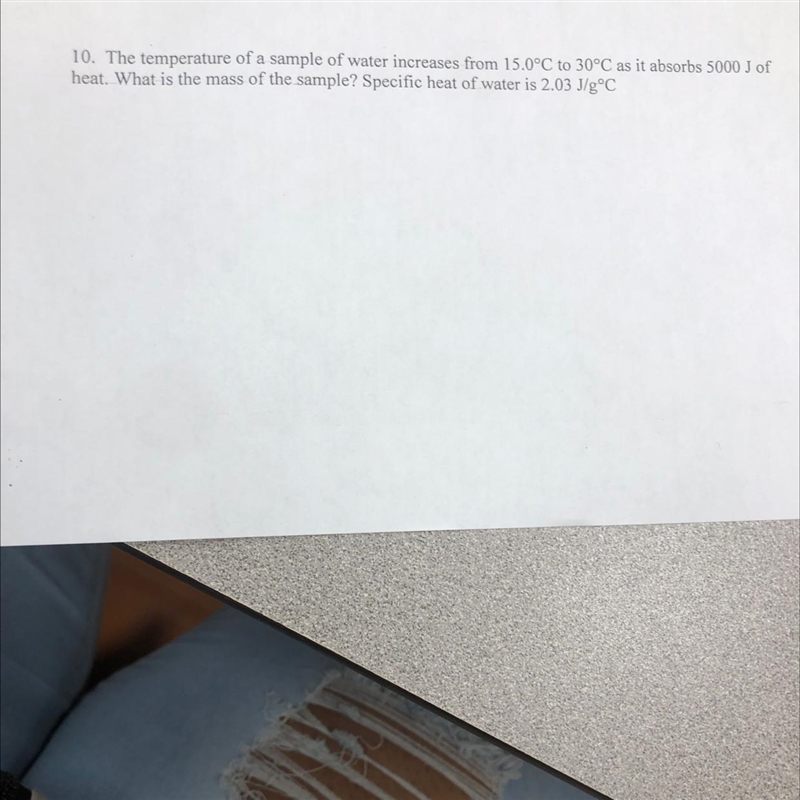 the temperature of a sample of water increases from 15.0c to 30c as it absorbs 5000j-example-1