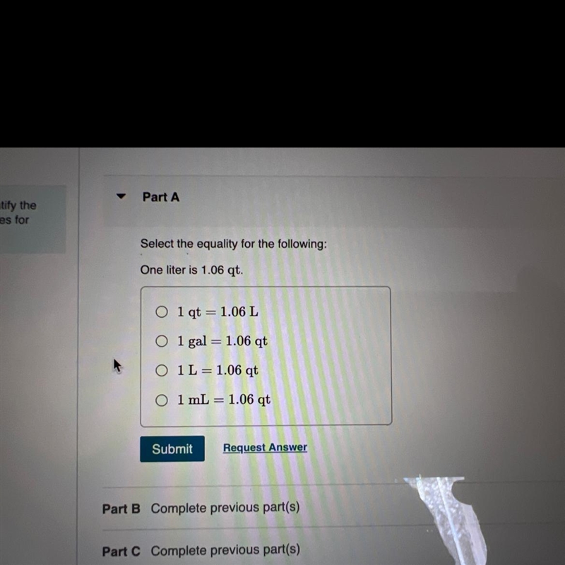 Select the equality for the following: 1 L is 1.06 QT-example-1