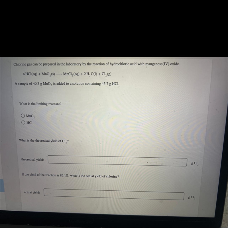 Mnci, (aq) + 2H,O(1) CI,(A sample of 40.3 g Mno, is added to a solution containing-example-1