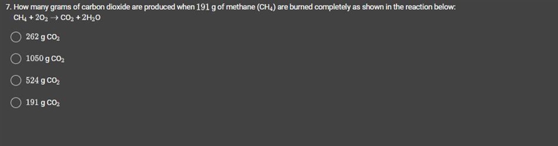 How many grams of carbon dioxide are produced when 191 g of methane (CH4) are burned-example-1