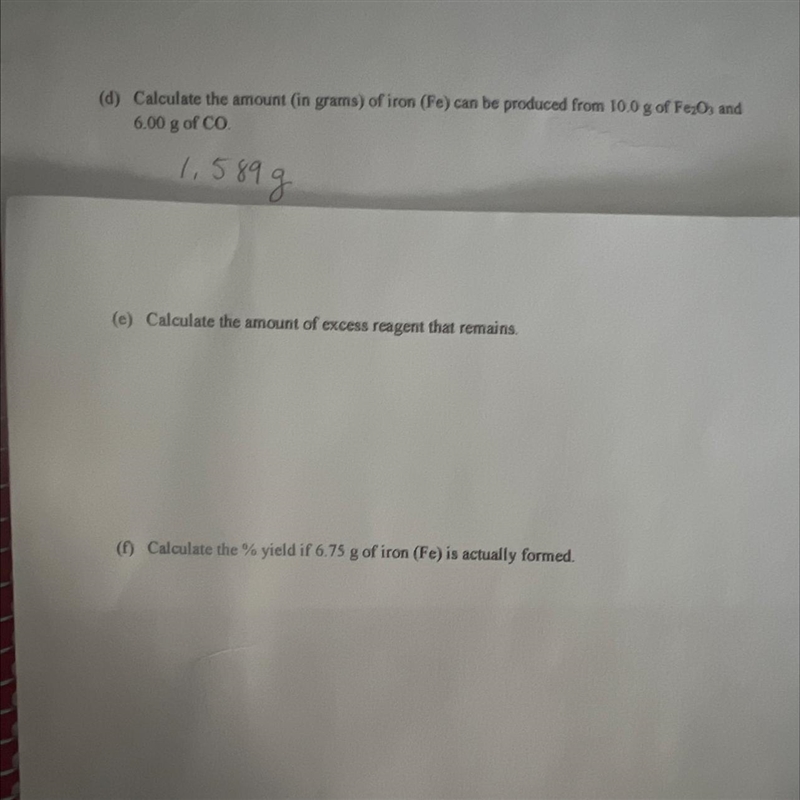 (e) Calculate the amount of excess reagent that remains.(1) Calculate the % yield-example-1