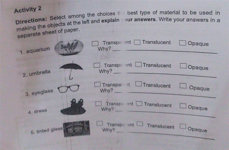 Activity 2 Directions: Select among the choices thbest type of material to be used-example-1