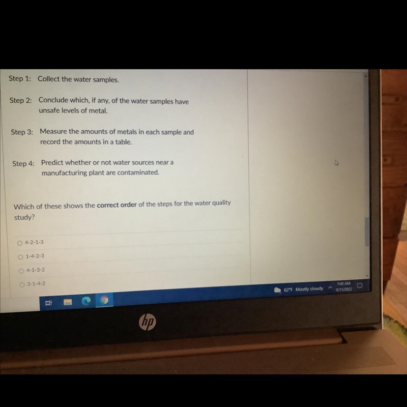 Which of these shows the correct order of the steps for the water quality study? If-example-1