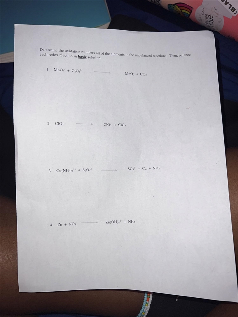 Determine the oxidation numbers of all the elements in the unbalanced reactions. Then-example-1