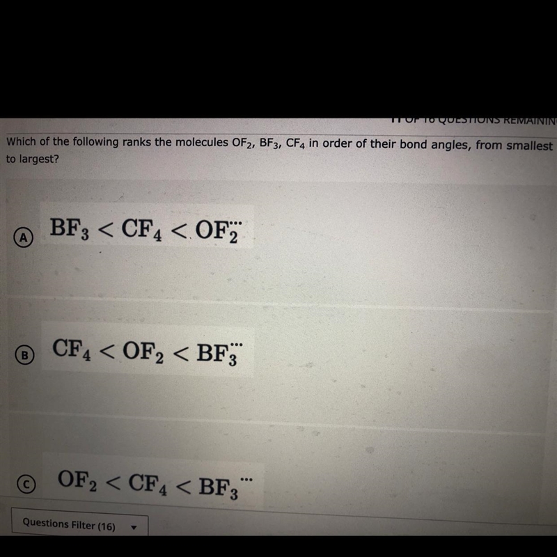 Which of the following ranks the molecules OF2, BF2, CF4, in order of their bond angles-example-1