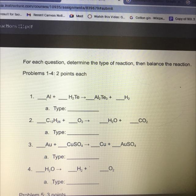 For each question, determine the type of reaction, then balance the reaction. Problems-example-1