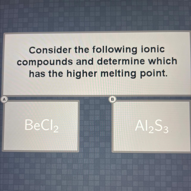 Consider the following ionic compounds and determine which has the higher melting-example-1