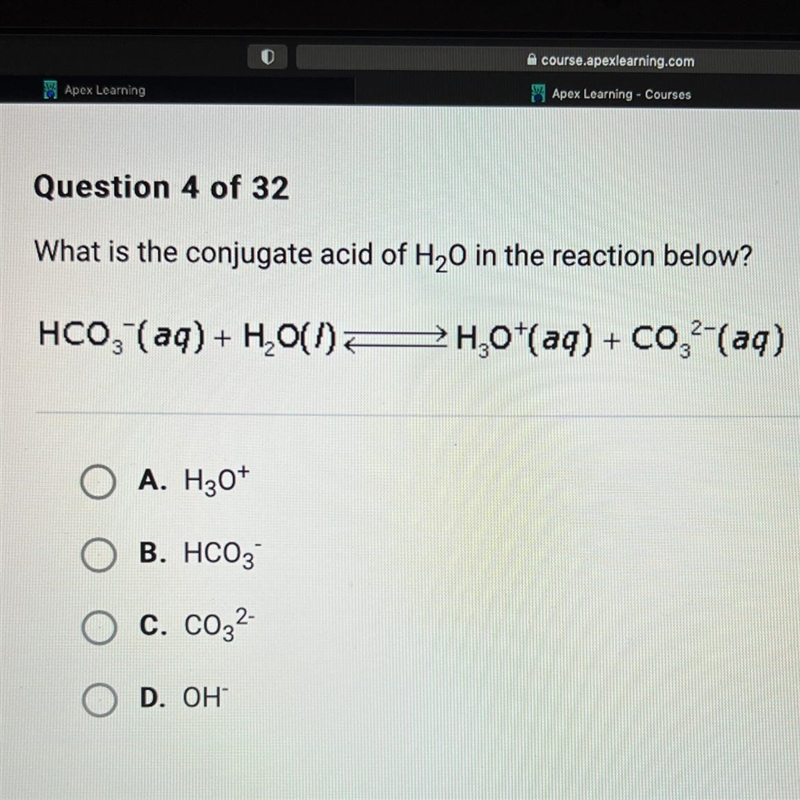 What is the conjugate acid of H₂O in the reaction below?-example-1