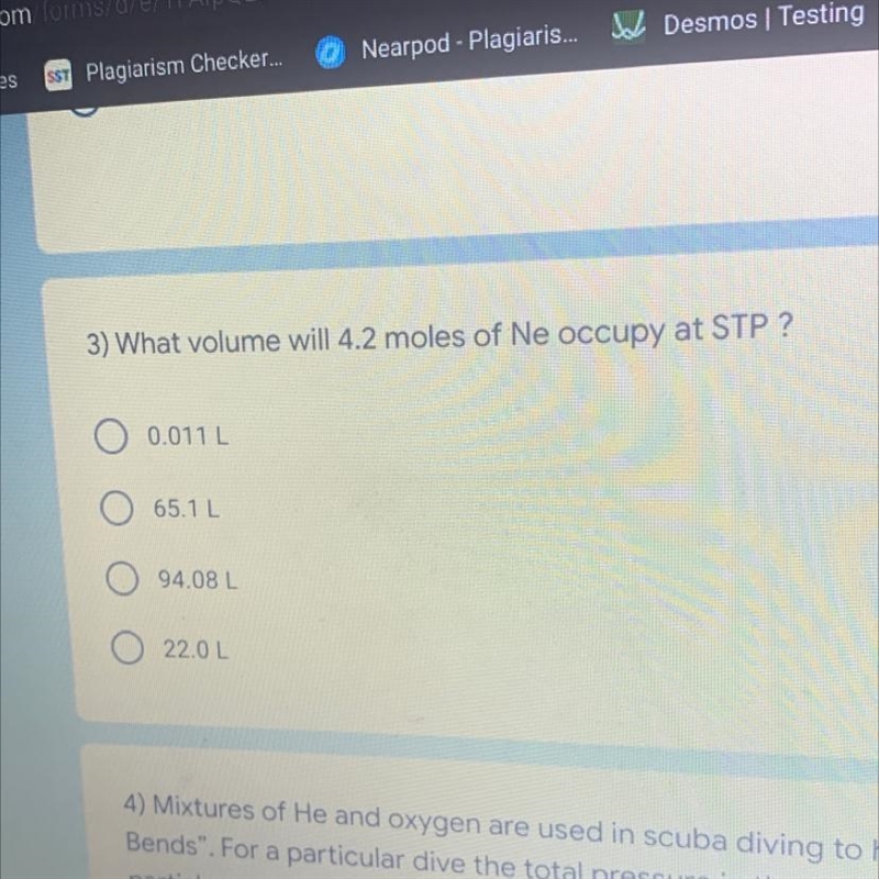 What volume will 4.2 moles of Ne occupy at STP?-example-1