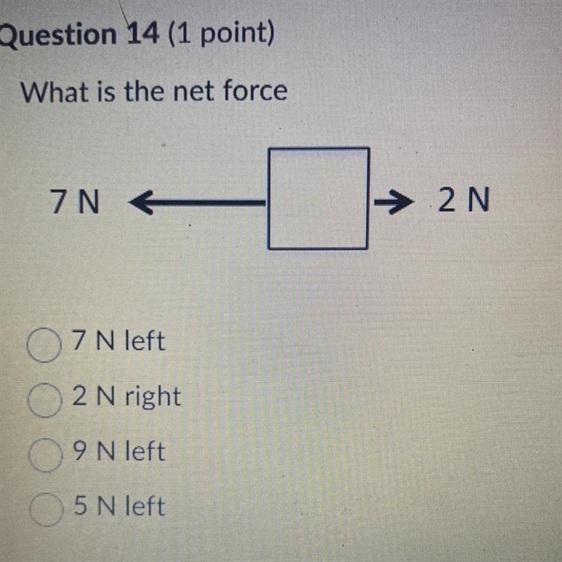 What is the net force A. 7 N left B. 2 N right C. 9 N left D. 5 N left-example-1