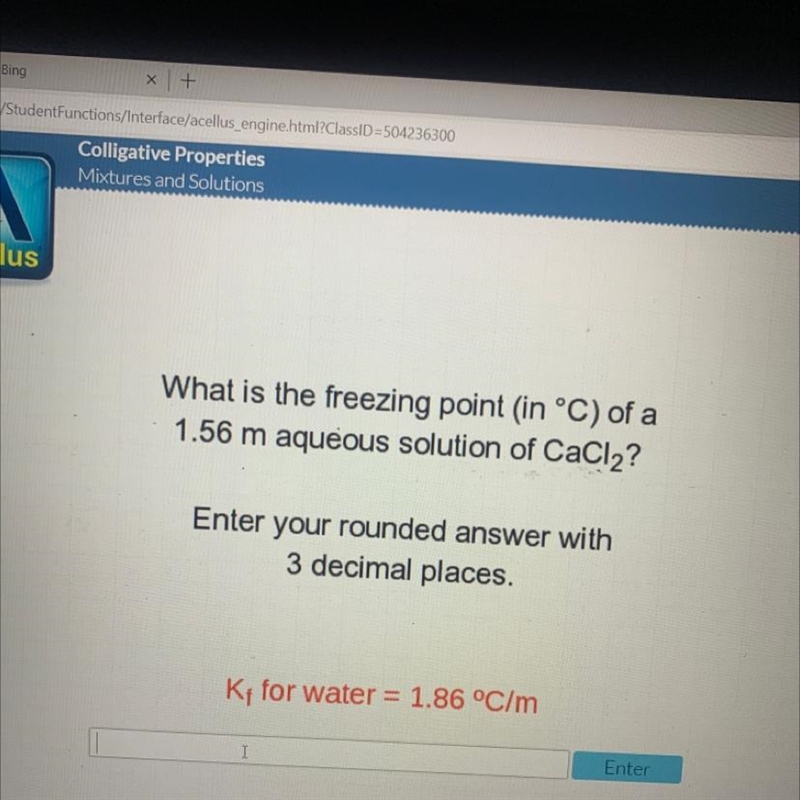 What is the freezing point in °C) of a 1.56 m aqueous solution of CaCl2? Enter your-example-1